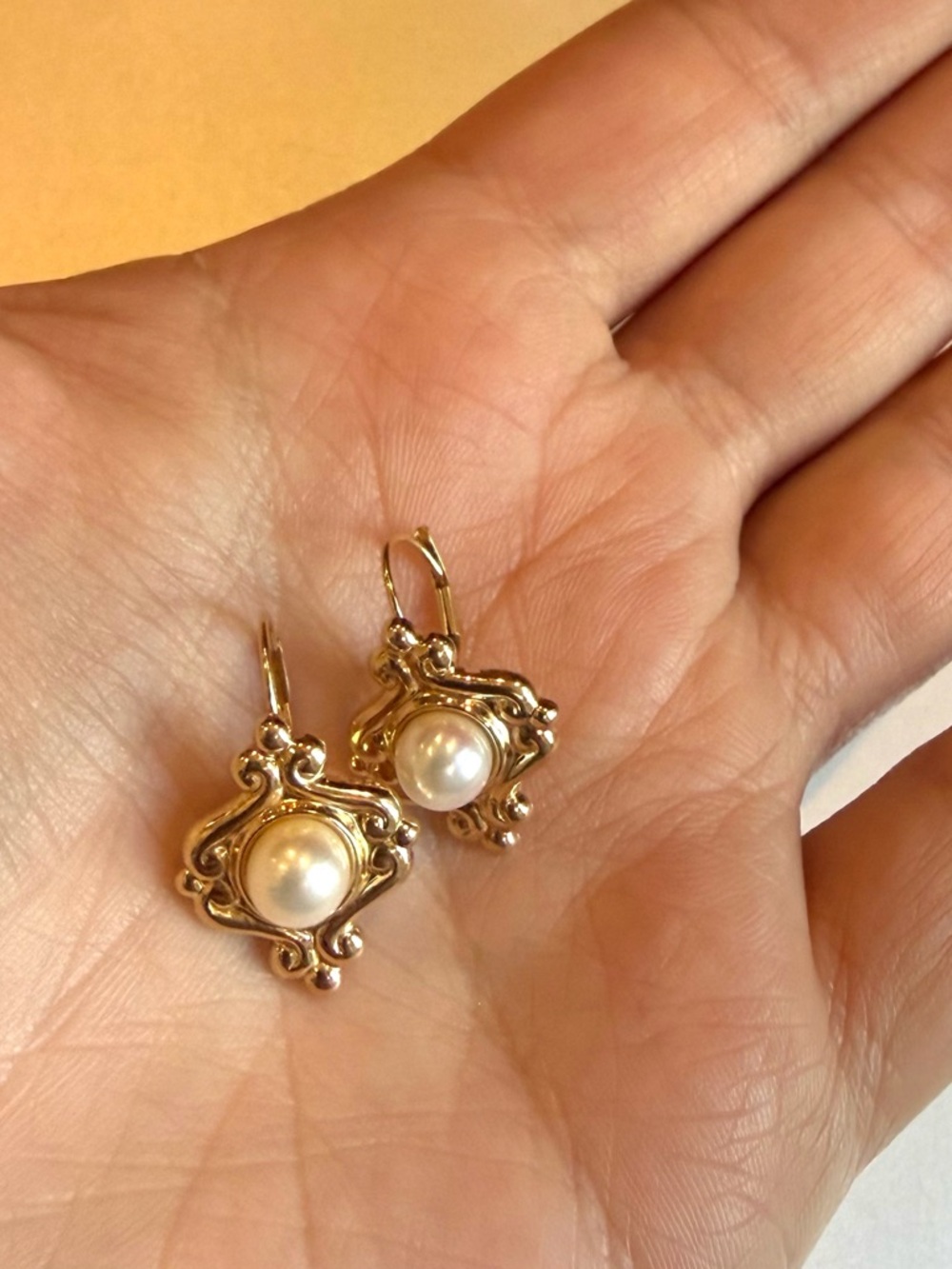 Vintage Solid 14K Gold Pearl Drop Earrings